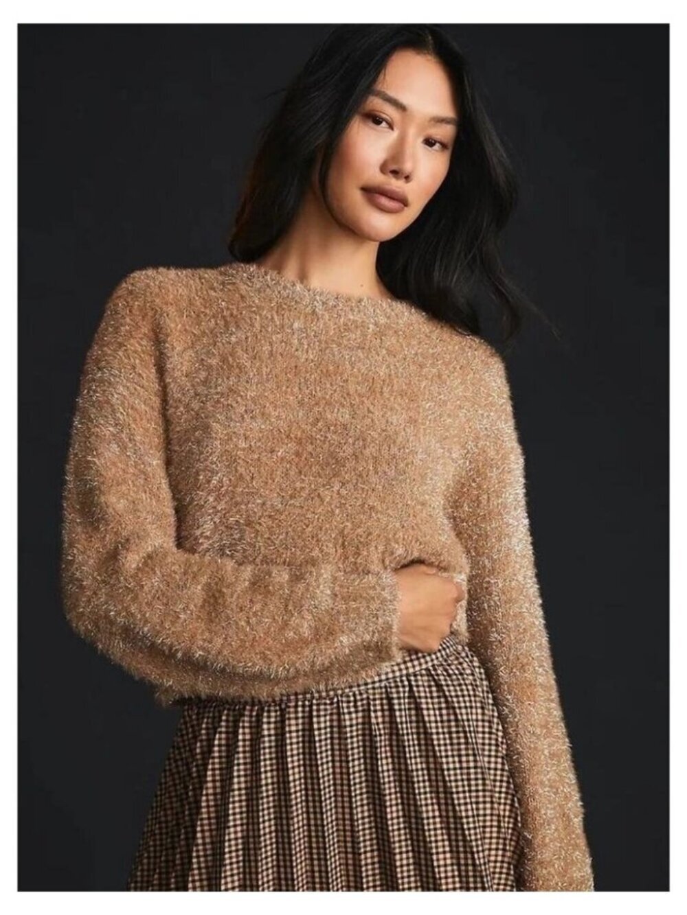 MAEVE Anthropologie Eyelash Tinsel Cropped Pullover Sweater Medium Sand / Sable